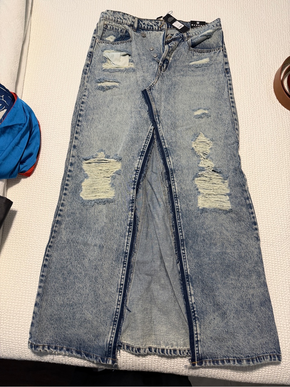 Fashion Nova Light Blue Distressed Denim Maxi Skirt